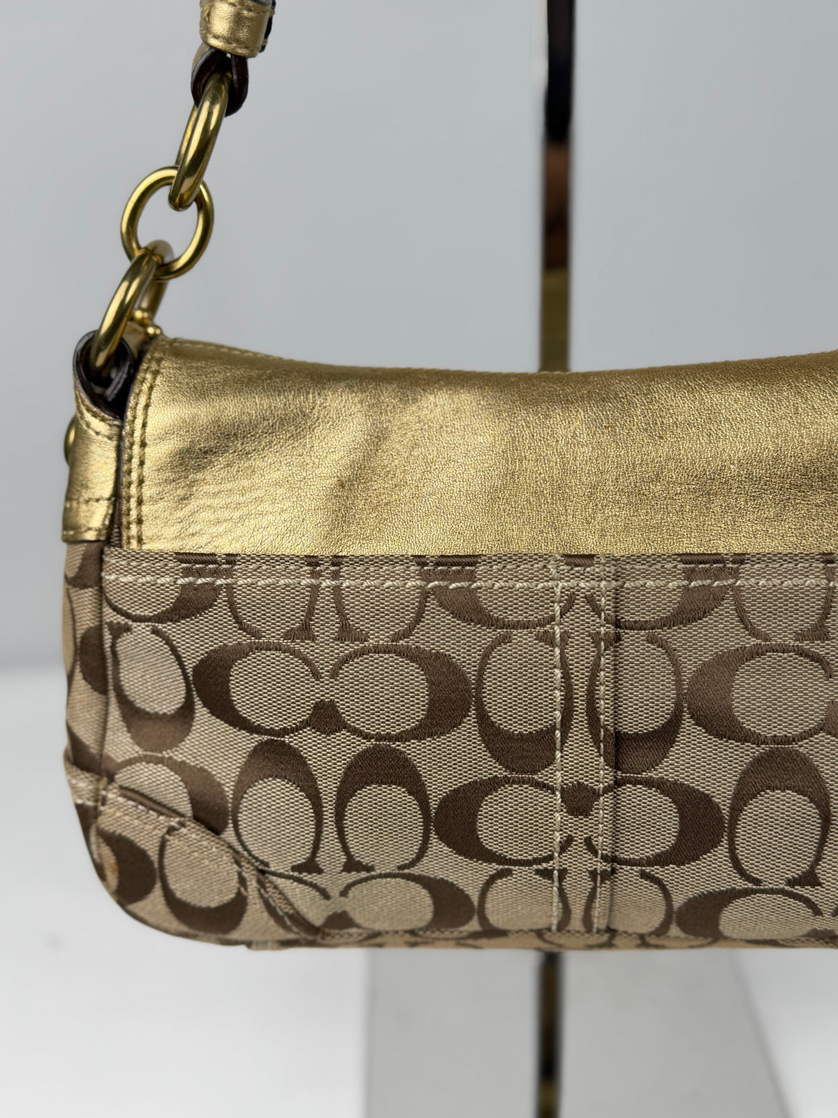 Coach 12375 Bleecker Soho Signature Brown Monogram Shoulder Bag Gold Leather Trim