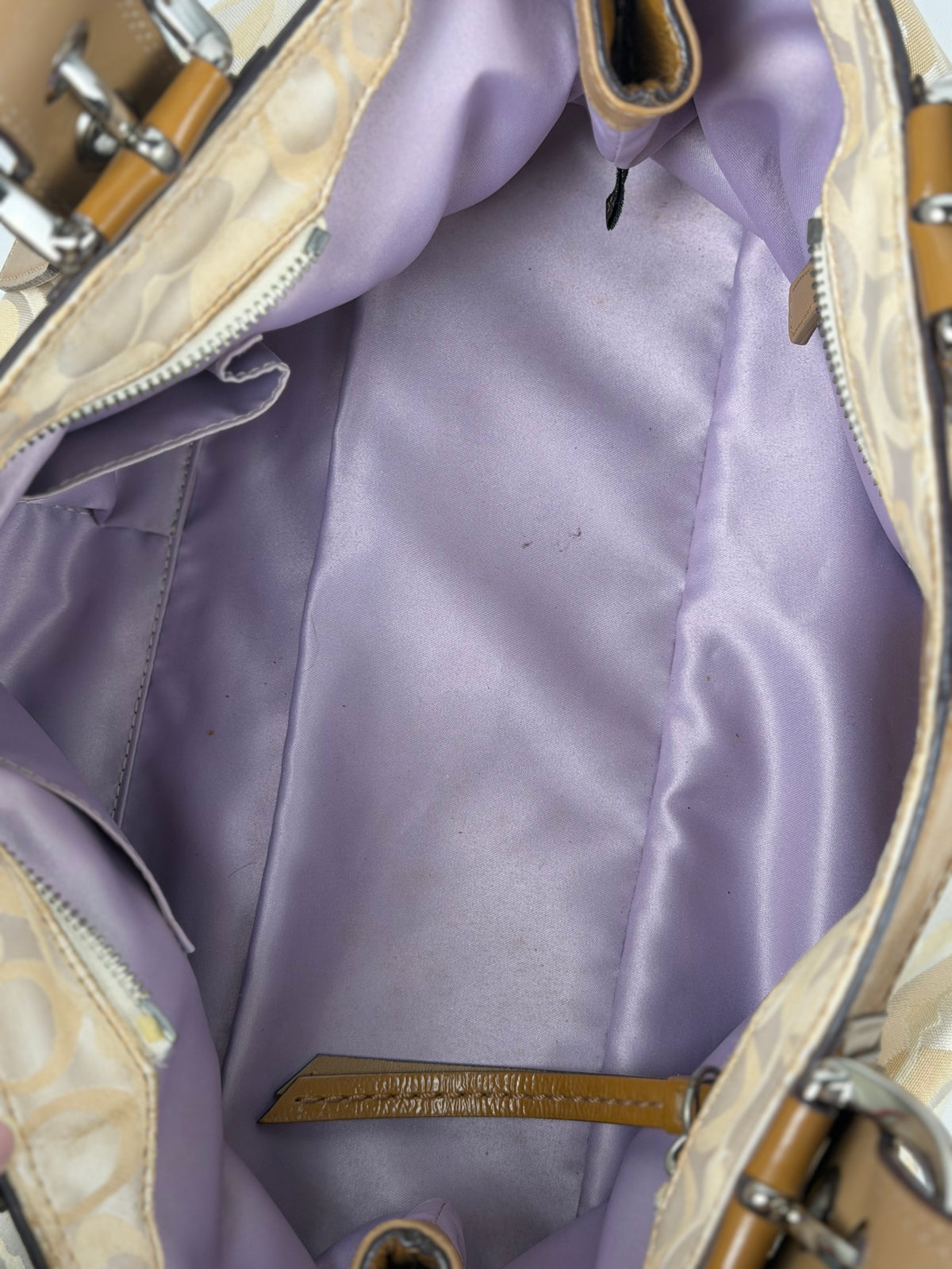 Coach F14492 Signature Cream/Beige/White Monogram Shoulder Bag Brown Leather Trim
